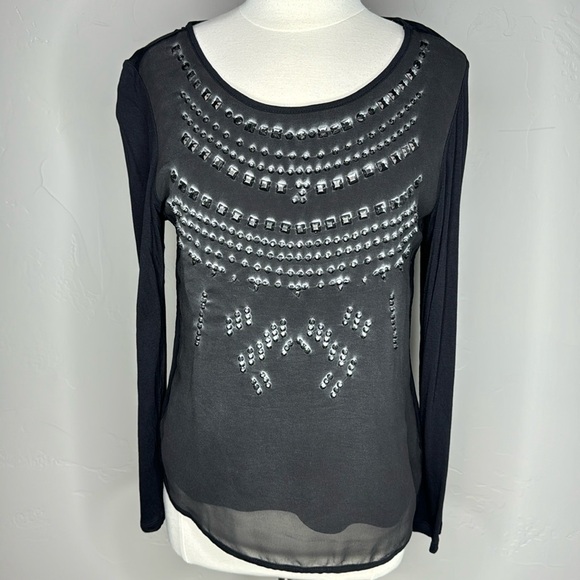 Tribal Jeans long sleeve top Sheer front overlay with black jewels Size Medium - Picture 1 of 9